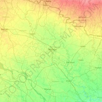 Topografische Karte East Champaran District, Höhe, Relief