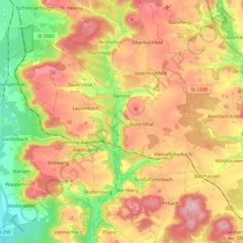 Topografische Karte Deining, Höhe, Relief