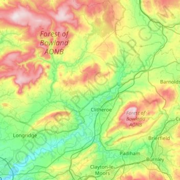 Topografische Karte Ribble Valley, Höhe, Relief