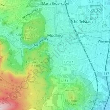 Topografische Karte Gemeinde Mödling, Höhe, Relief