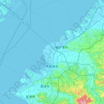 Topografische Karte 木更津市, Höhe, Relief