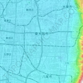 Topografische Karte Higashiosaka, Höhe, Relief