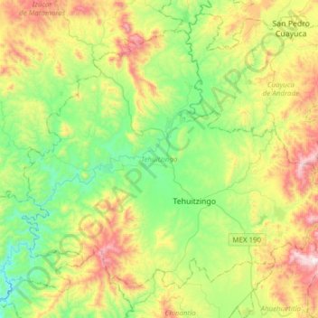 Topografische Karte Tehuitzingo, Höhe, Relief