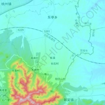 Topografische Karte 东亭乡, Höhe, Relief