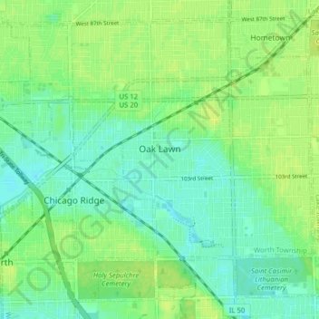 Topografische Karte Oak Lawn, Höhe, Relief
