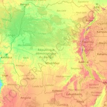 Topografische Karte Demokratische Republik Kongo, Höhe, Relief