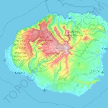 Topografische Karte Kauai, Höhe, Relief