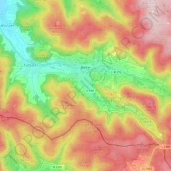 Topografische Karte Bieber, Höhe, Relief