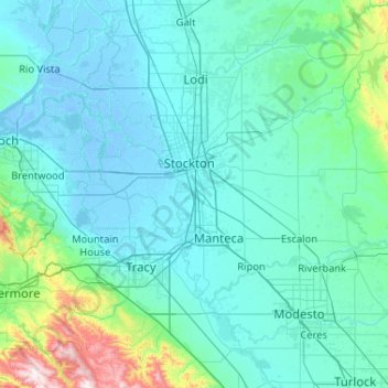 Topografische Karte San Joaquin County, Höhe, Relief