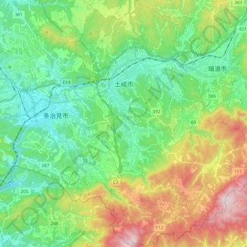 Topografische Karte 土岐市, Höhe, Relief