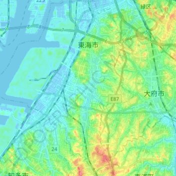 Topografische Karte 東海市, Höhe, Relief