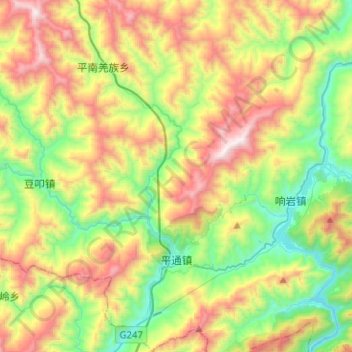 Topografische Karte 平通镇, Höhe, Relief