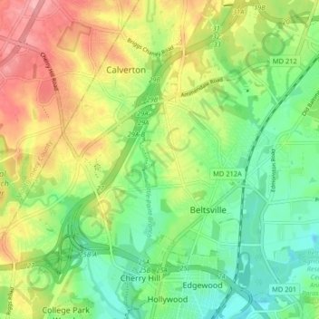 Topografische Karte Beltsville, Höhe, Relief