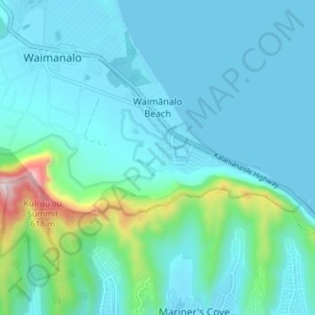 Topografische Karte Waimanalo Beach, Höhe, Relief