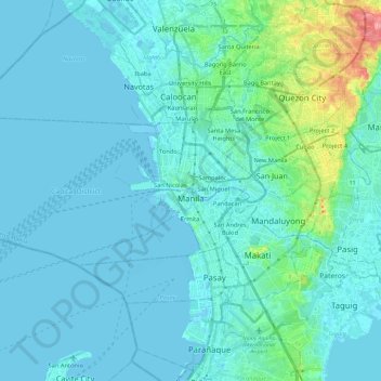 Topografische Karte Manille, Höhe, Relief