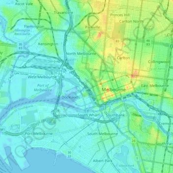 Topografische Karte City of Melbourne, Höhe, Relief