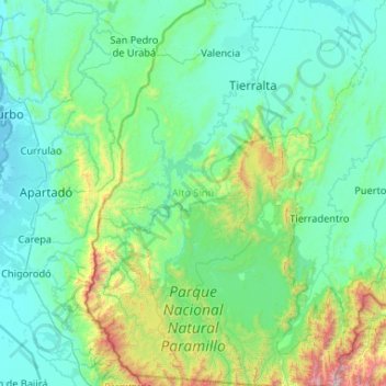 Topografische Karte Alto Sinú, Höhe, Relief