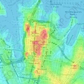Topografische Karte Sydney CBD, Höhe, Relief