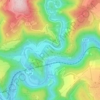 Topografische Karte Obernhof, Höhe, Relief