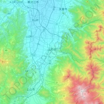 Topografische Karte Yamagata, Höhe, Relief