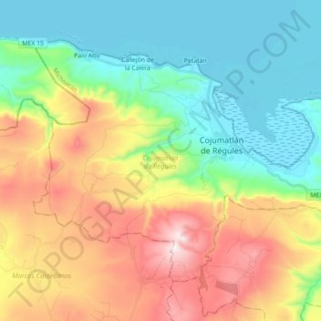 Topografische Karte Cojumatlán de Régules, Höhe, Relief