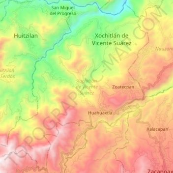 Topografische Karte Xochitlán de Vicente Suárez, Höhe, Relief