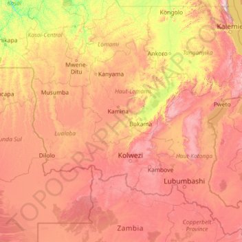 Topografische Karte Katanga, Höhe, Relief