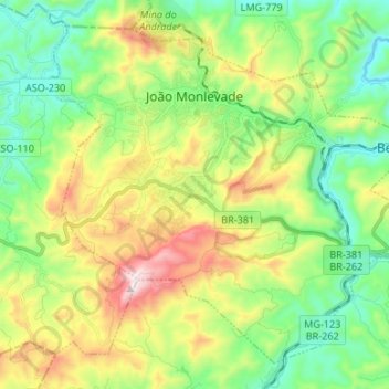Topografische Karte João Monlevade, Höhe, Relief