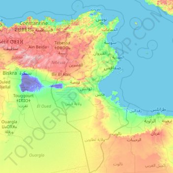 Topografische Karte Tunisie, Höhe, Relief