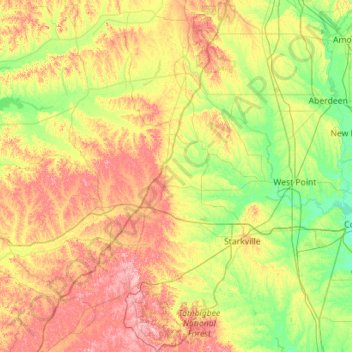 Topografische Karte Tombigbee National Forest, Höhe, Relief