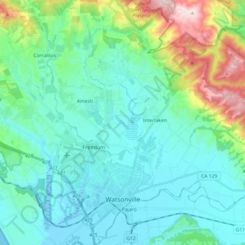 Topografische Karte Watsonville, Höhe, Relief