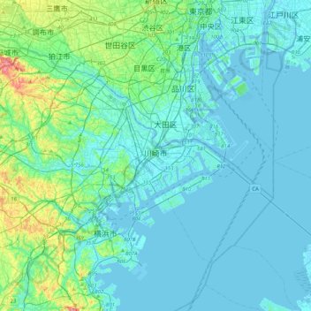 Topografische Karte Kawasaki, Höhe, Relief