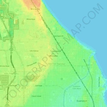 Topografische Karte Wilmette, Höhe, Relief