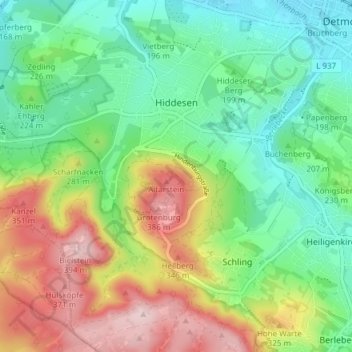 Topografische Karte Hiddesen, Höhe, Relief