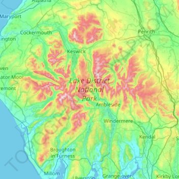 Topografische Karte Parc national du Lake District, Höhe, Relief
