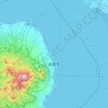 Topografische Karte Shimabara, Höhe, Relief