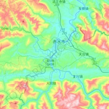 Topografische Karte 九支镇, Höhe, Relief