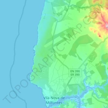 Topografische Karte Vila Nova de Milfontes, Höhe, Relief