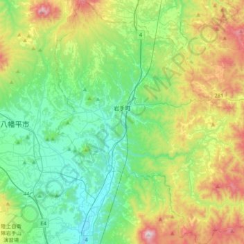 Topografische Karte 岩手町, Höhe, Relief