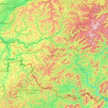 Topografische Karte Arrondissement du Palatinat-Sud-Ouest, Höhe, Relief
