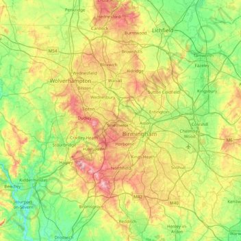 Topografische Karte West Midlands, Höhe, Relief