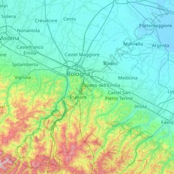Topografische Karte Bologna, Höhe, Relief