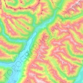 Topografische Karte Makarora River, Höhe, Relief