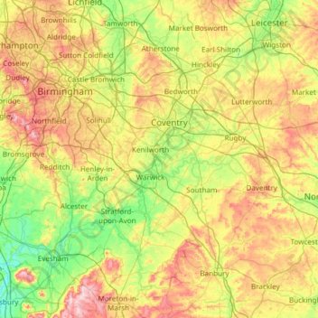 Topografische Karte Warwickshire, Höhe, Relief