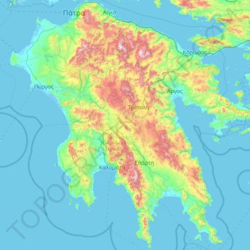 Topografische Karte Peloponnes, Höhe, Relief
