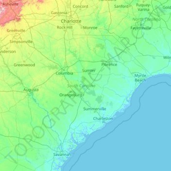Topografische Karte Süd-Carolina, Höhe, Relief