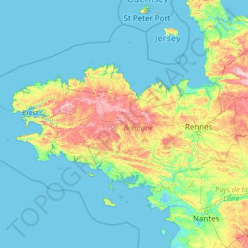 Topografische Karte Bretagne, Höhe, Relief