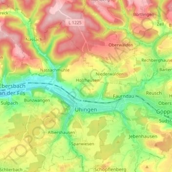 Topografische Karte Uhingen, Höhe, Relief