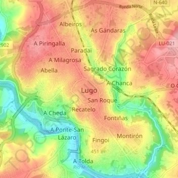 Topografische Karte Lugo, Höhe, Relief