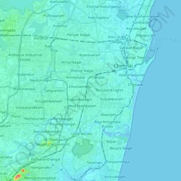 Topografische Karte Chennai District, Höhe, Relief